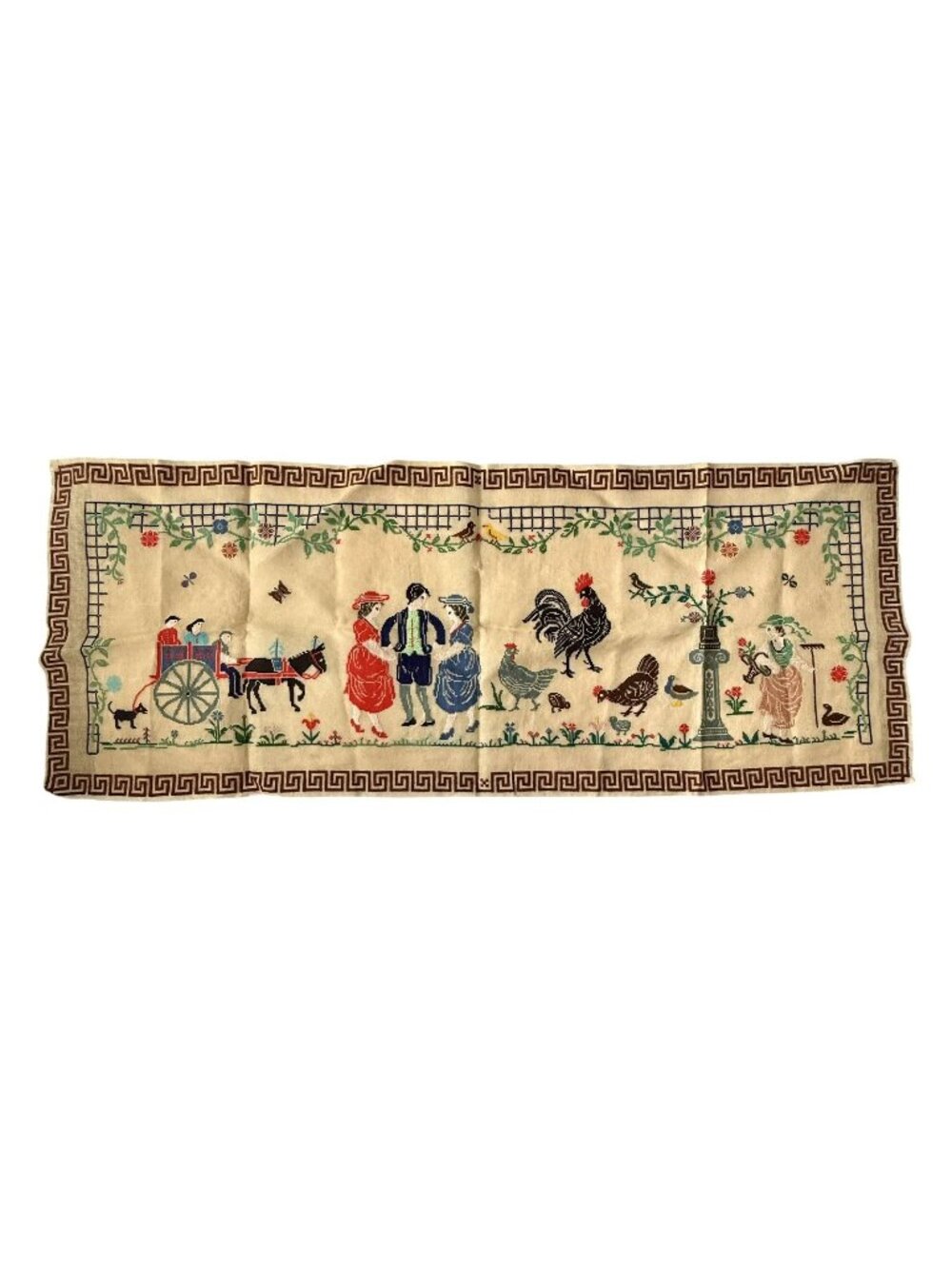 VTG Folk Art Village Scene Sampler Needlepoint Wall Art Roosters Greek Key 57”